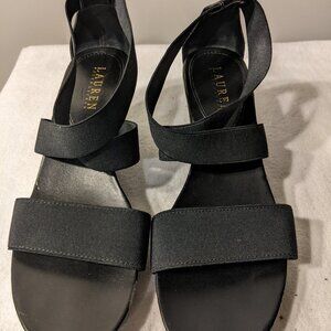 Ralph Lauren Black Strappy Renee Wedge Sandals - Size 7.5